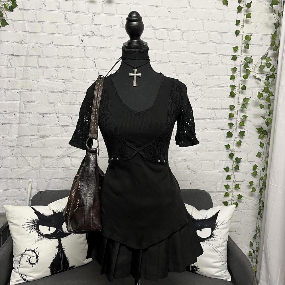 Caty Lesca Paris coquette goth lolita babydoll top lace sleeve silver detail S 1